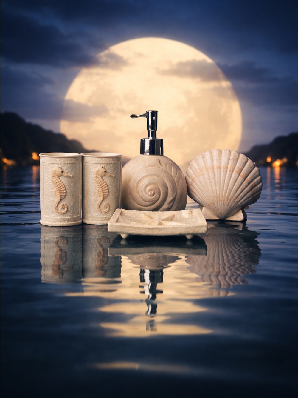 OCEAN SEAHORSE SHELLS BATHROOM SOAP DISH, LOTION PUMP, TOOTHBRUSH HOLDER +2 CUPS
